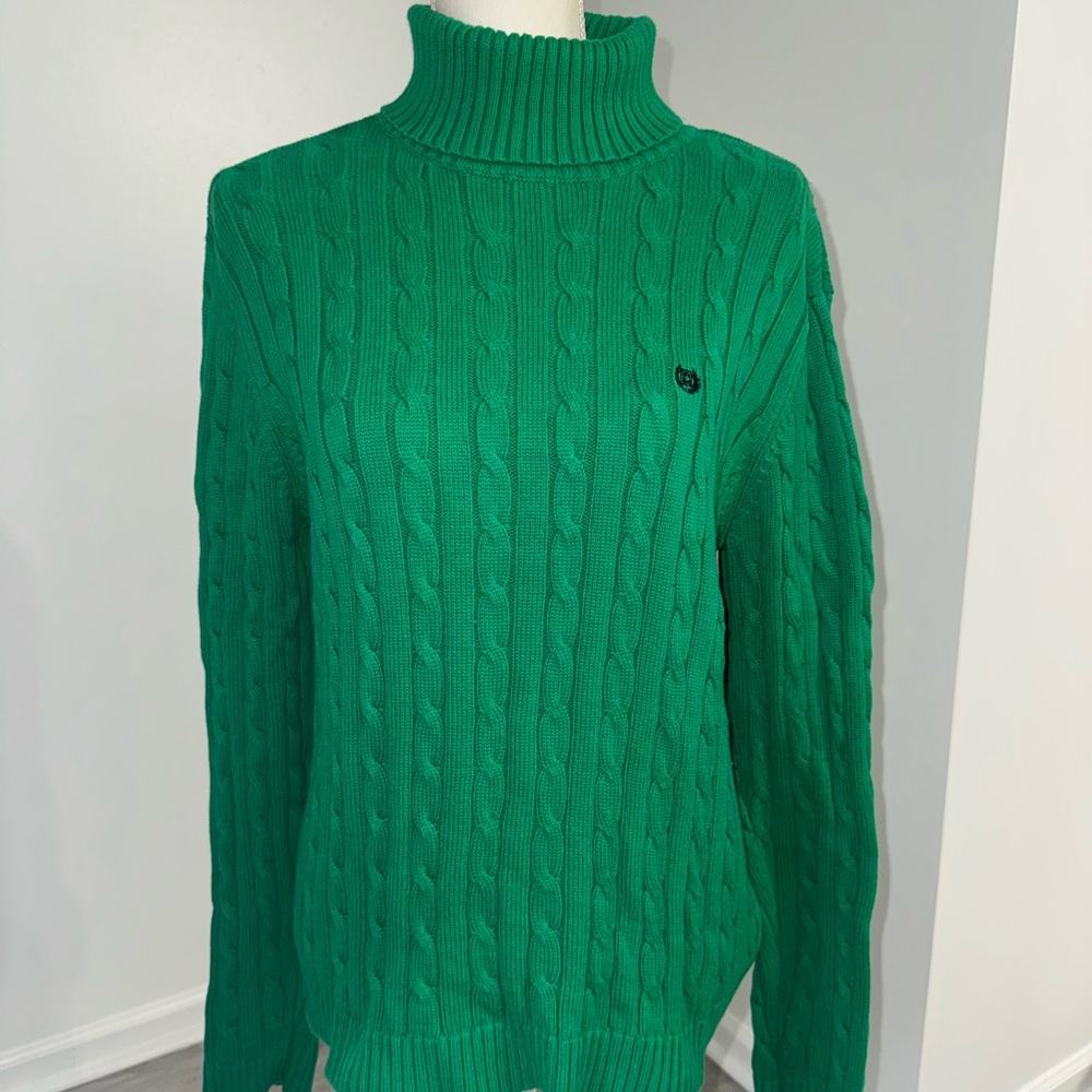 Chaps XL Green Cable Knit Turtleneck Sweater 100% Cotton‎ Classic Preppy